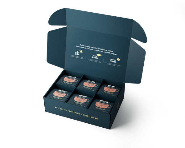 Spirit Origin Coffee six-pack gift box, an authentic Roatán souvenir roasted at origin in Honduras