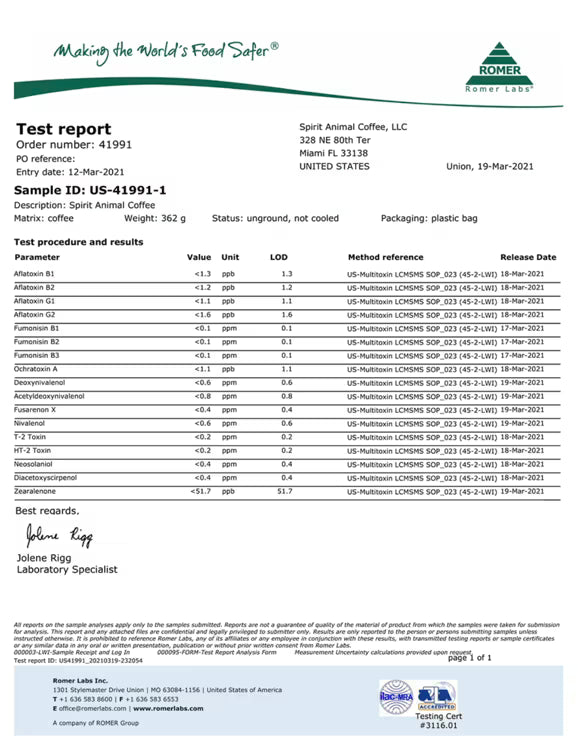 Example of a coffee mycotoxin lab certificate of analysis